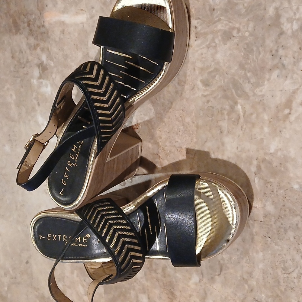 Elegant Black and Gold Wedge Sandals